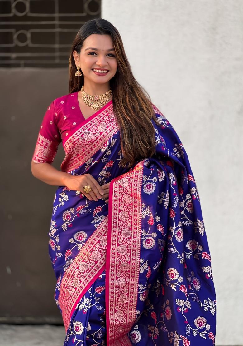 Cherry Red Zari Woven Silk Blend Saree Set