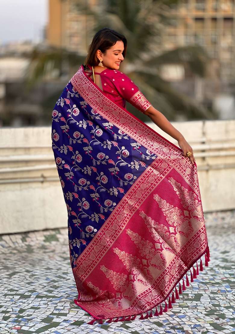 Cherry Red Zari Woven Silk Blend Saree Set - Indya