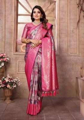 Pink Zari Woven Silk Blend Saree Set