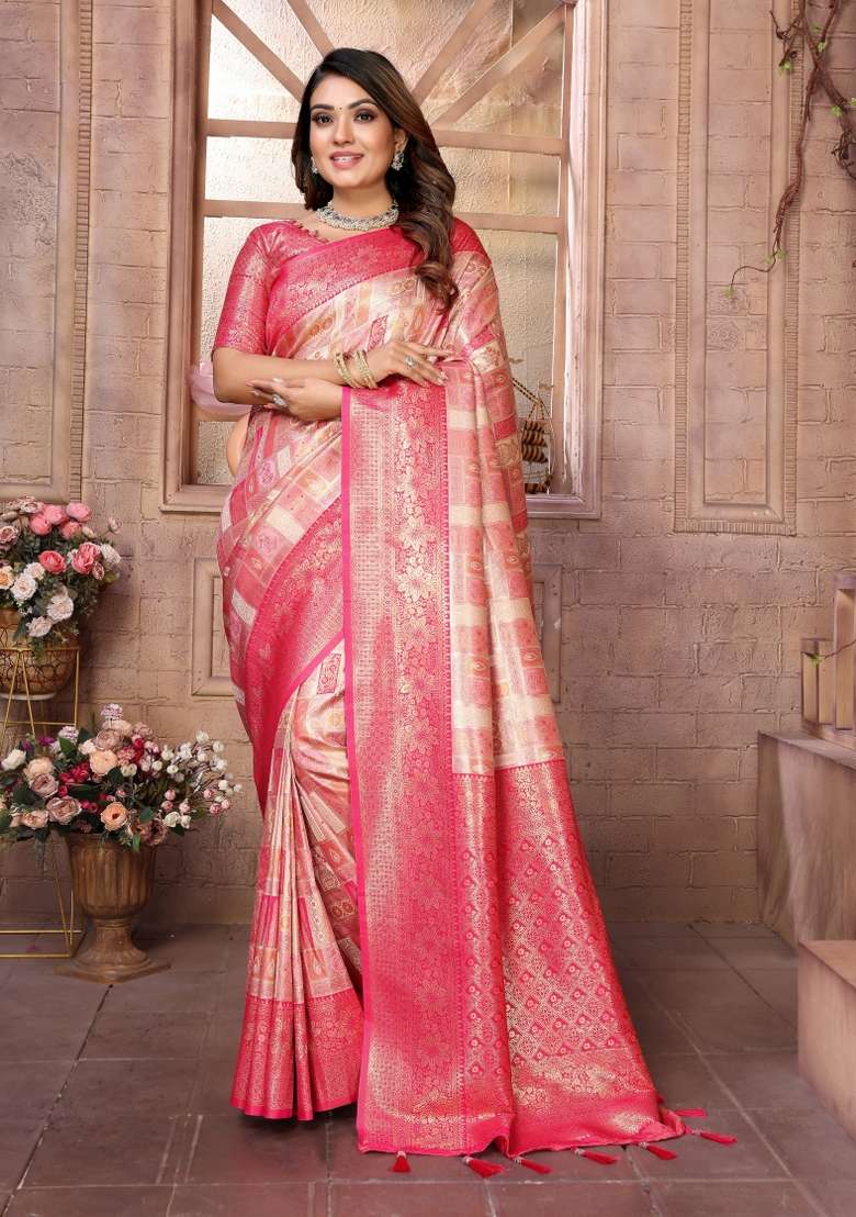 Red Zari Woven Silk Blend Saree Set for Diwali | Wedding & Festive Wear - Indya