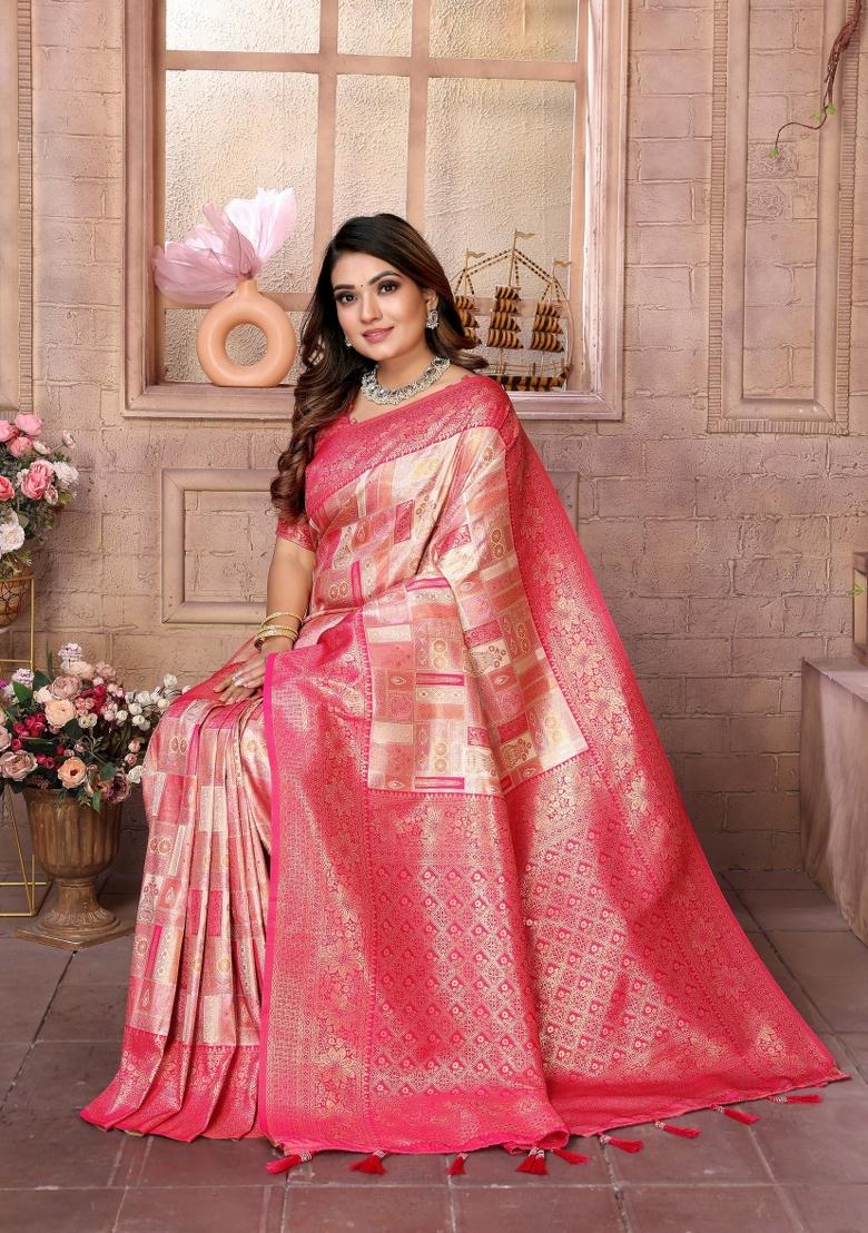 Red Zari Woven Silk Blend Saree Set