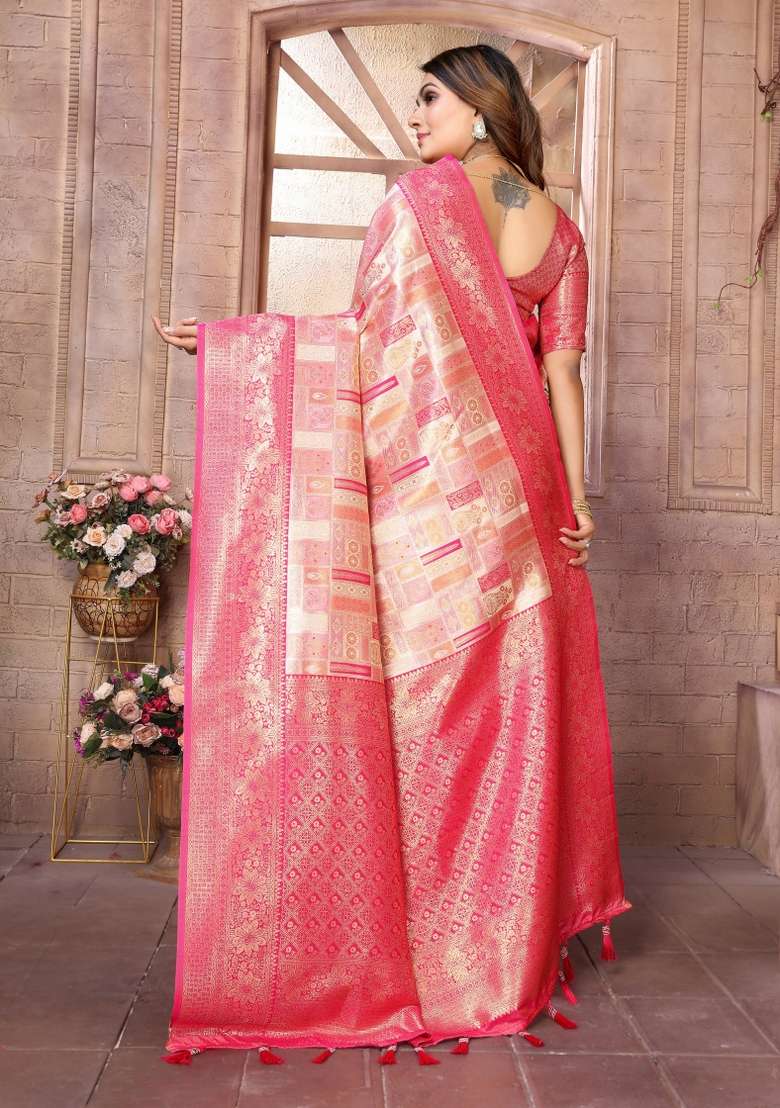 Red Zari Woven Silk Blend Saree Set for Diwali | Wedding & Festive Wear - Indya
