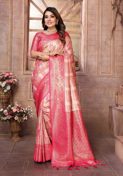 Red Zari Woven Silk Blend Saree Set