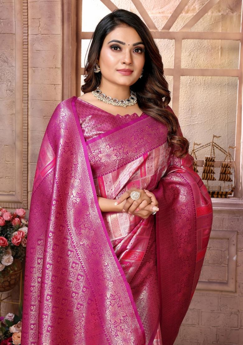 Magenta Zari Woven Silk Blend Saree Set