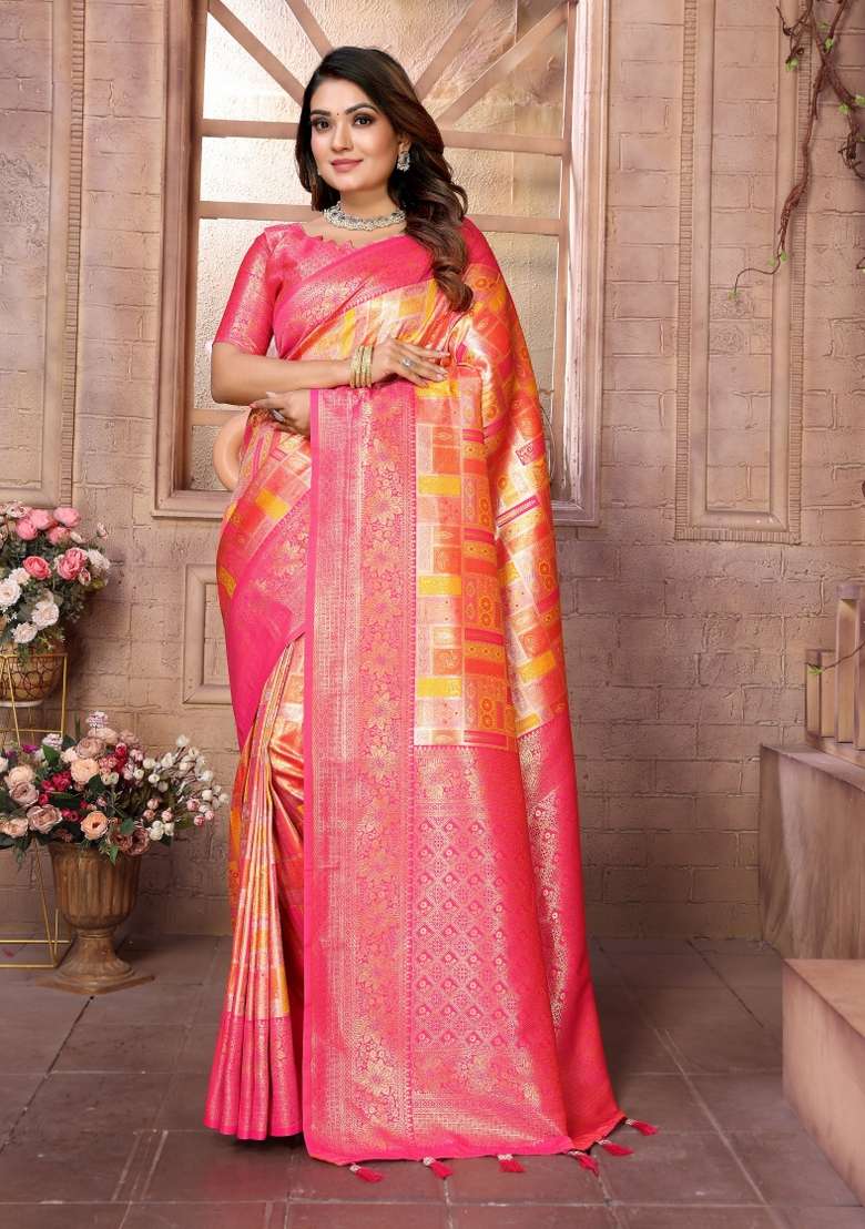 Pink Zari Woven Silk Blend Saree Set for Diwali | Wedding & Festive Wear - Indya