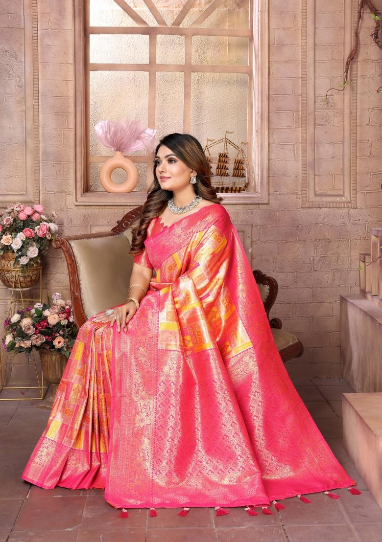 Pink Zari Woven Silk Blend Saree Set