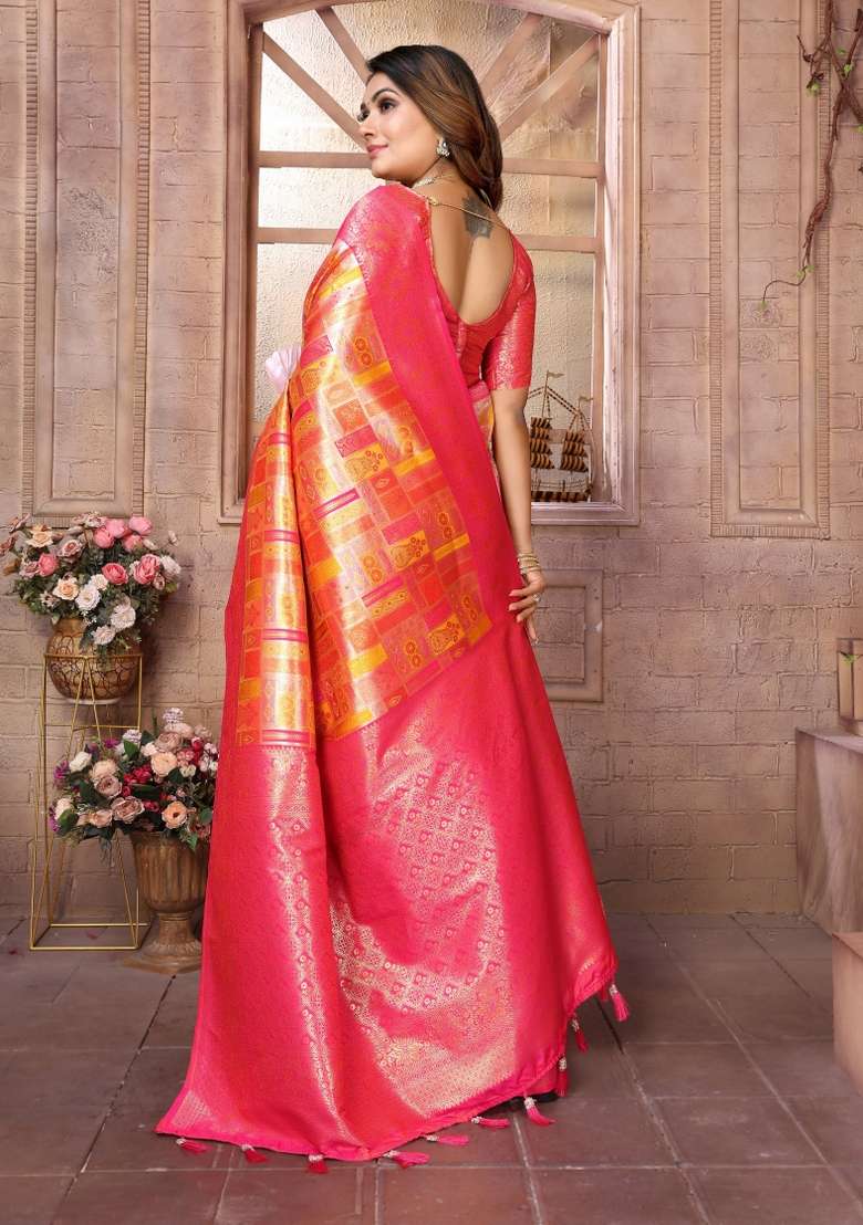 Pink Zari Woven Silk Blend Saree Set for Diwali | Wedding & Festive Wear - Indya