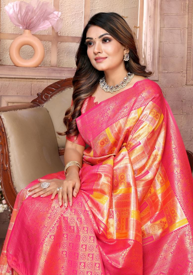 Pink Zari Woven Silk Blend Saree Set