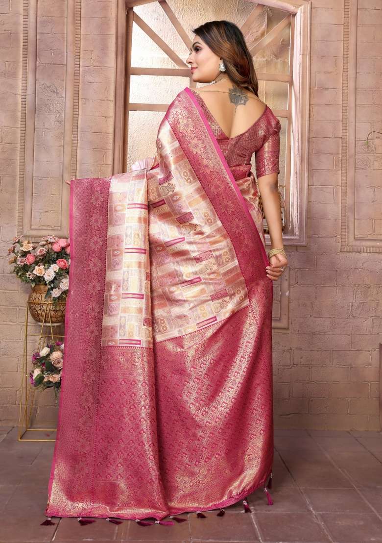 Maroon Zari Woven Silk Blend Saree Set - Indya