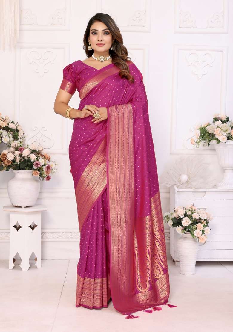 Magenta Zari Woven Silk Blend Saree Set for Diwali | Wedding & Festive Wear - Indya