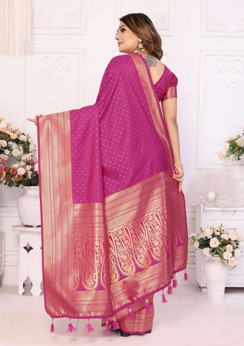 Magenta Zari Woven Silk Blend Saree Set for Diwali | Wedding & Festive Wear - Indya