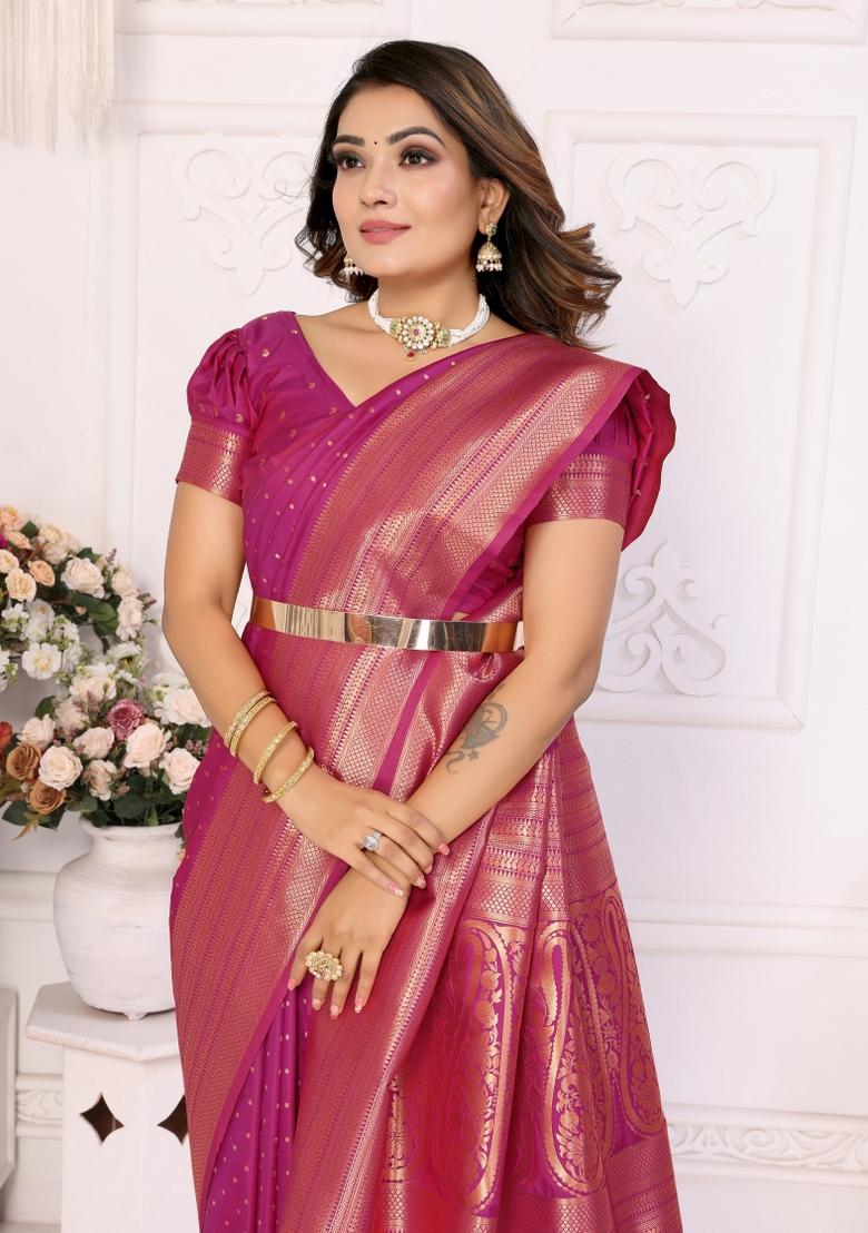 Magenta Zari Woven Silk Blend Saree Set