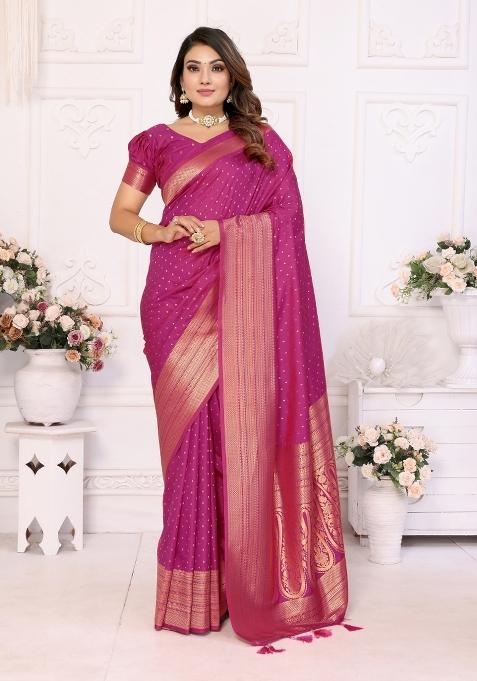Magenta Zari Woven Silk Blend Saree Set