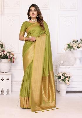 Green Zari Woven Silk Blend Saree Set