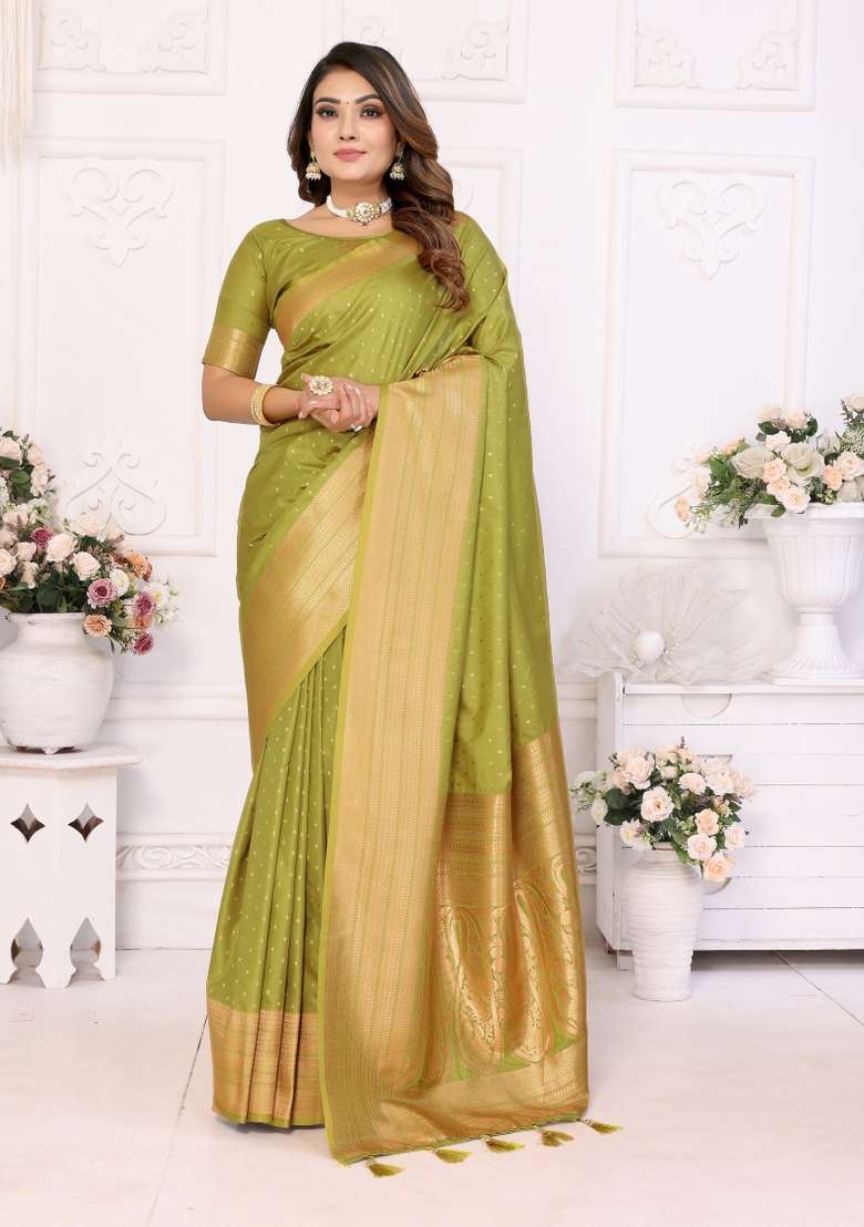 Green Zari Woven Silk Blend Saree Set for Diwali | Wedding & Festive Wear - Indya
