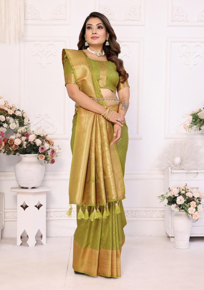 Green Zari Woven Silk Blend Saree Set
