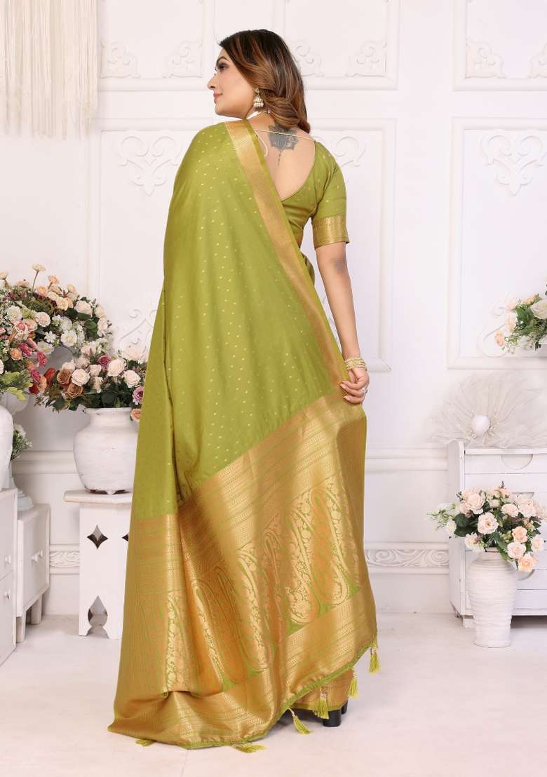 Green Zari Woven Silk Blend Saree Set for Diwali | Wedding & Festive Wear - Indya