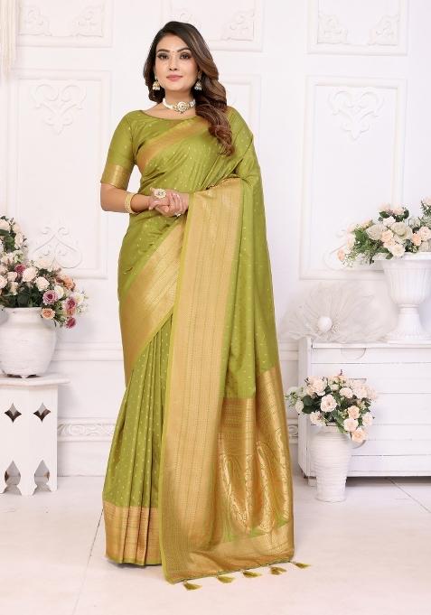 Green Zari Woven Silk Blend Saree Set