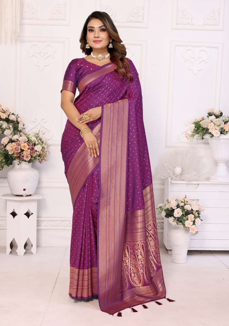 Purple Zari Woven Silk Blend Saree Set for Diwali and Festive Wear - Indya