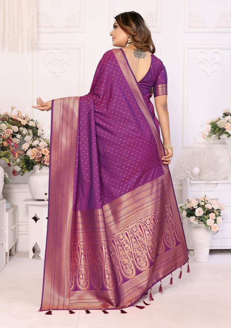 Purple Zari Woven Silk Blend Saree Set for Diwali and Festive Wear - Indya