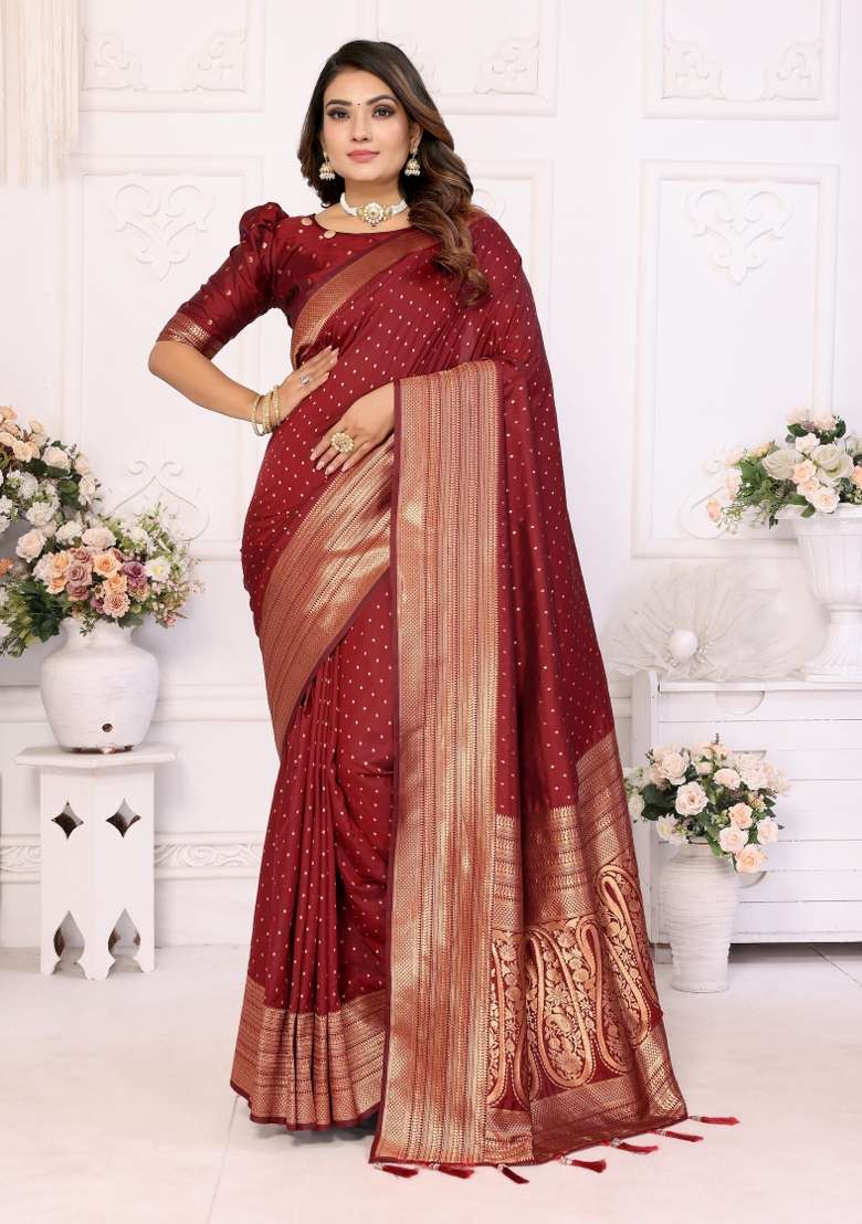 Maroon Zari Woven Silk Blend Saree Set for Diwali and Festive Wear - Indya