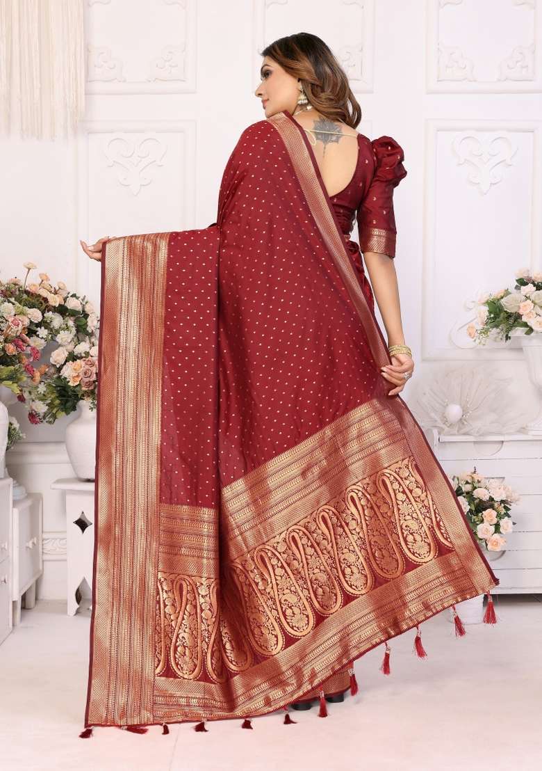 Maroon Zari Woven Silk Blend Saree Set for Diwali and Festive Wear - Indya