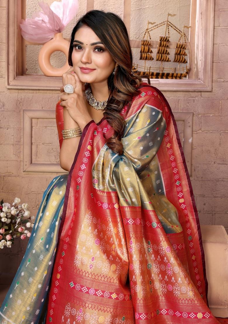 Red Zari Woven Silk Blend Saree Set