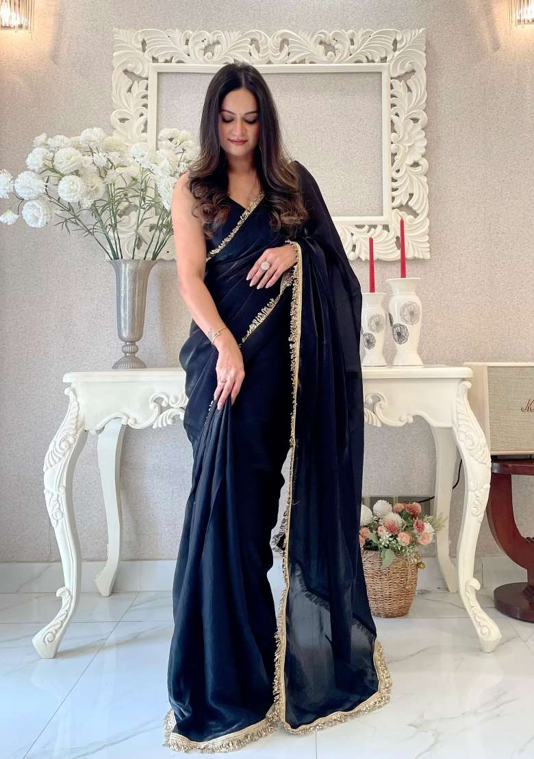 Black Abstract Print Art Silk Saree Set - Indya