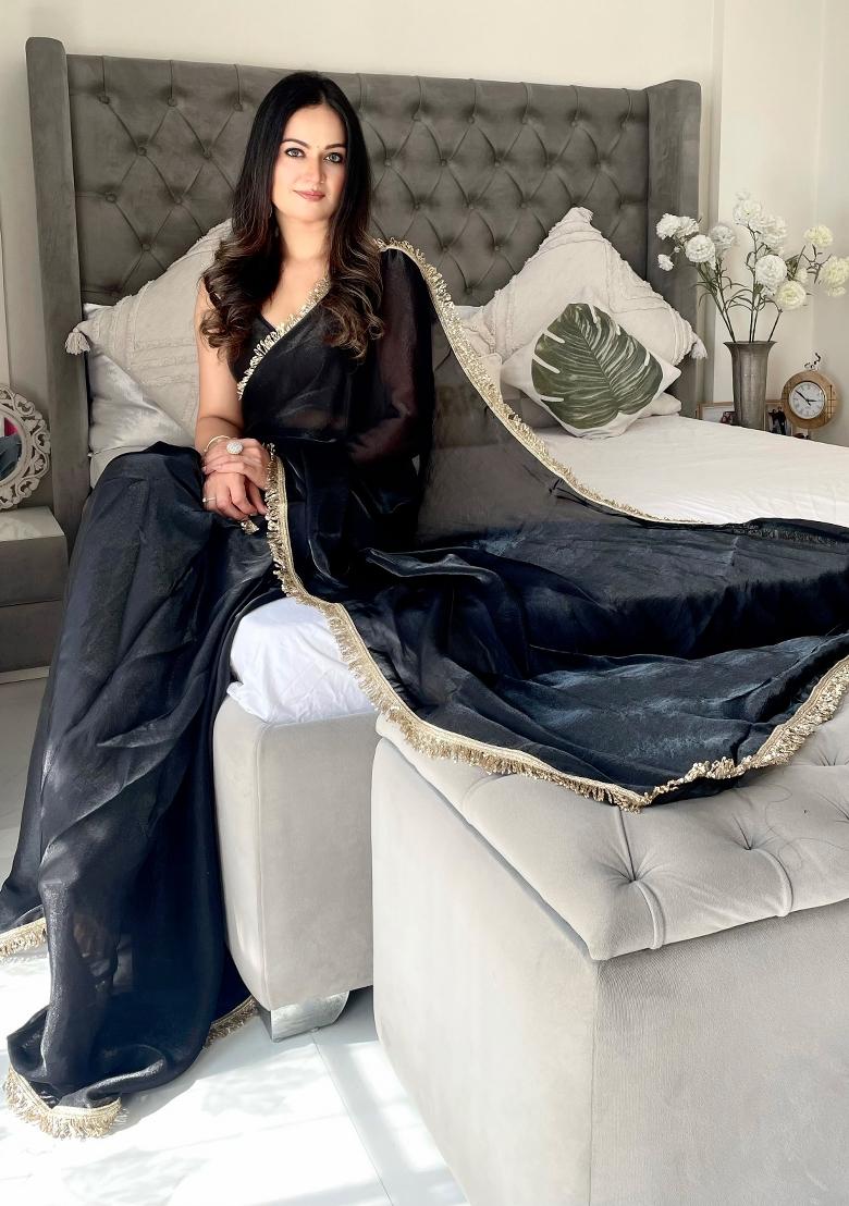 Black Abstract Print Art Silk Saree Set