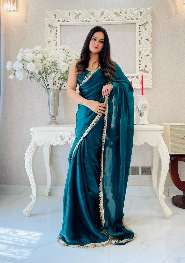 Teal Blue Abstract Print Art Silk Saree Set