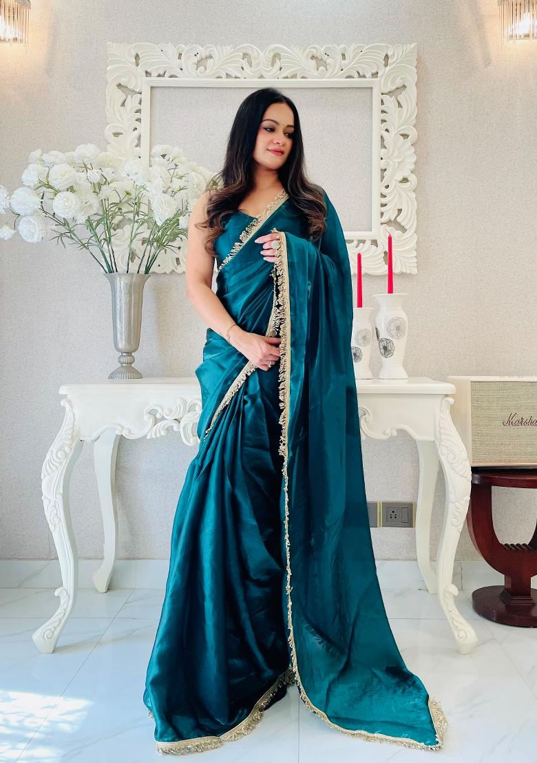 Teal Blue Abstract Print Art Silk Saree Set