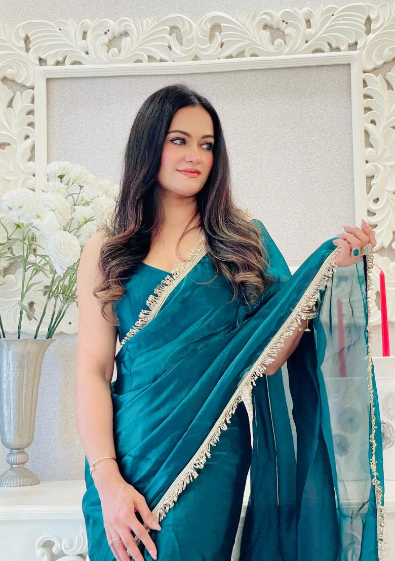 Teal Blue Abstract Print Art Silk Saree Set