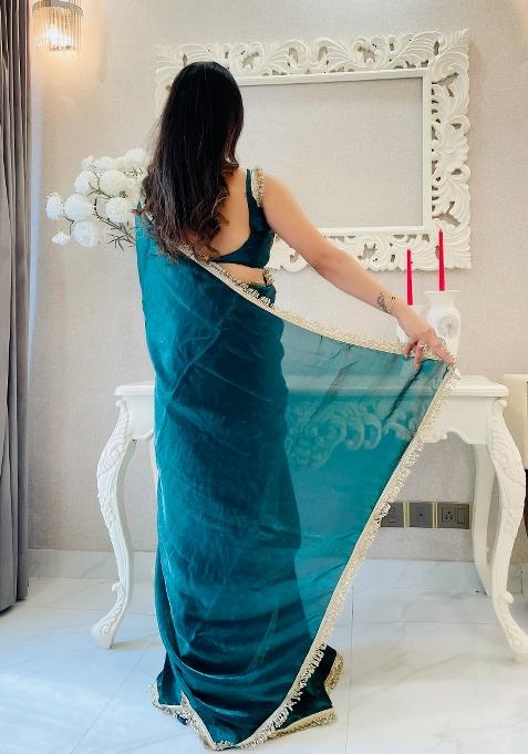 Teal Blue Abstract Print Art Silk Saree Set