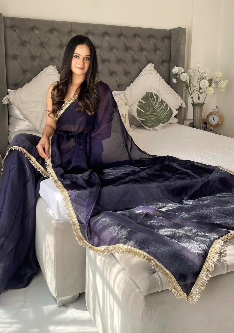 Blue Abstract Print Art Silk Saree Set