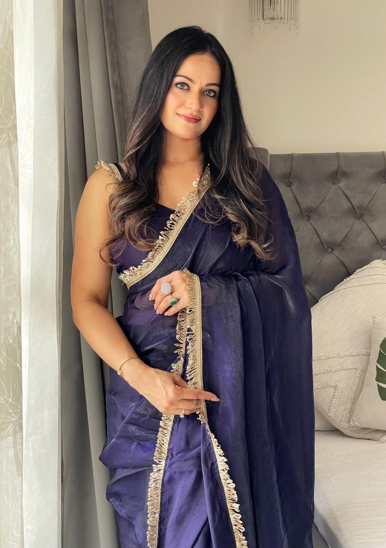 Blue Abstract Print Art Silk Saree Set