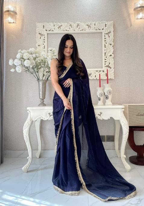 Blue Abstract Print Art Silk Saree Set