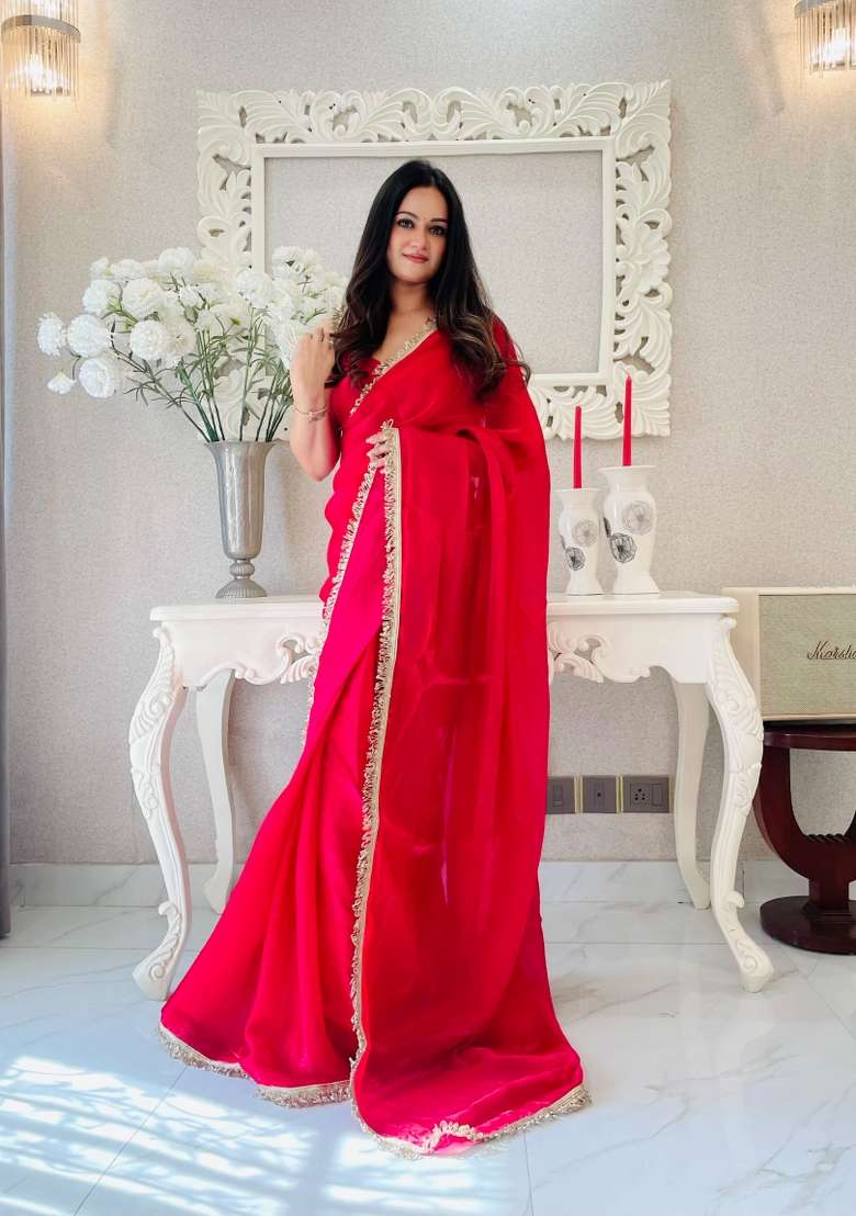 Red Abstract Print Art Silk Saree Set - Indya