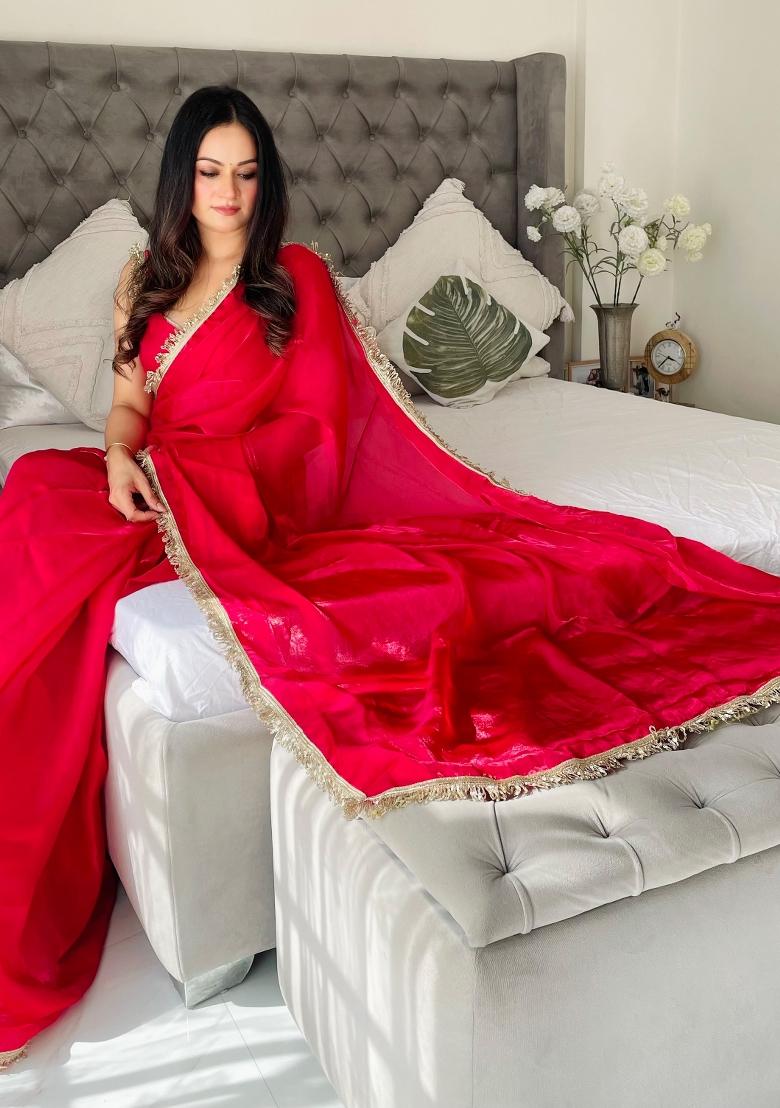 Red Abstract Print Art Silk Saree Set