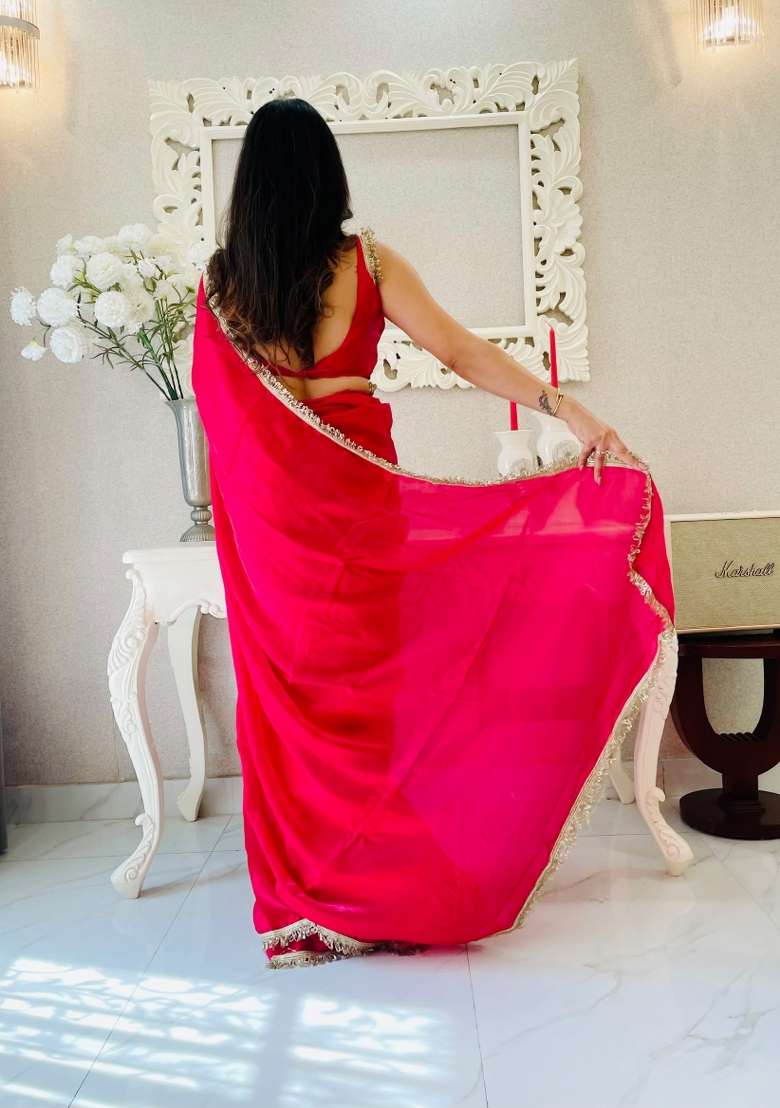 Red Abstract Print Art Silk Saree Set - Indya