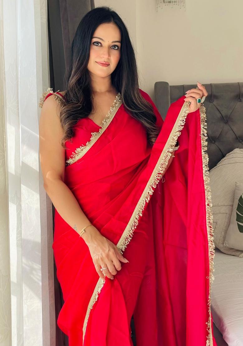 Red Abstract Print Art Silk Saree Set