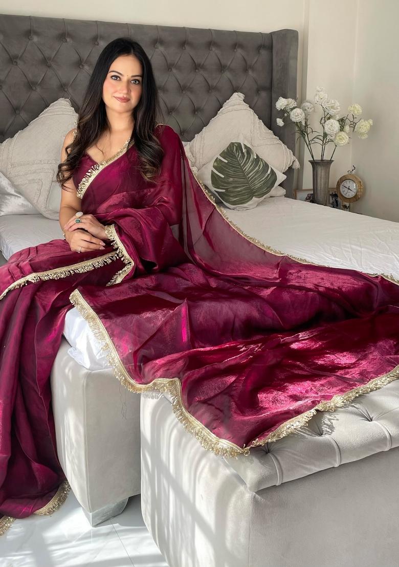Maroon Abstract Print Art Silk Saree Set