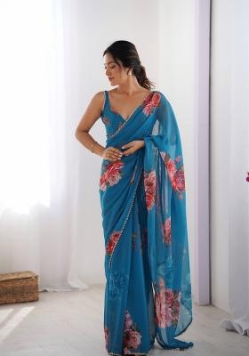 Blue Floral Print Georgette Saree Set