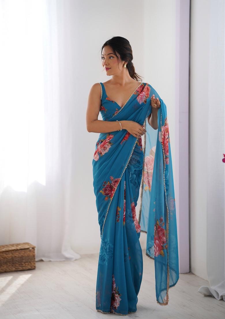 Blue Floral Print Georgette Saree Set