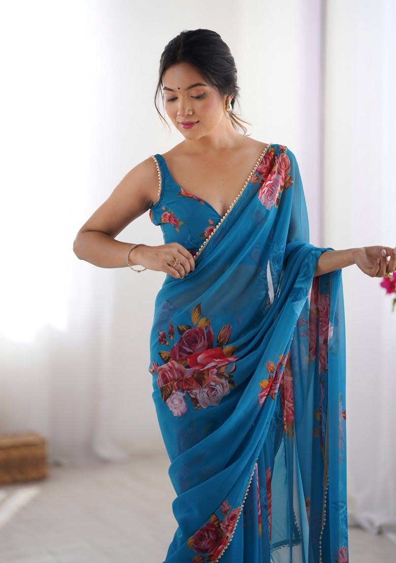 Blue Floral Print Georgette Saree Set