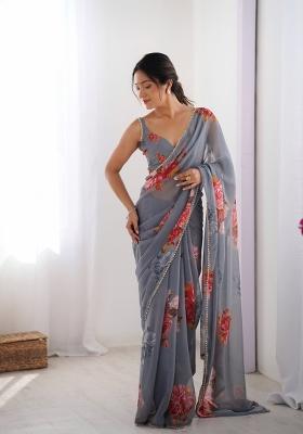 Grey Floral Print Georgette Saree Set