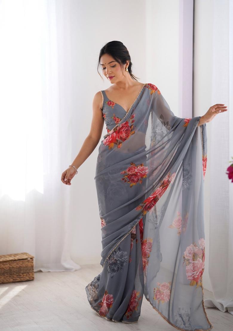 Grey Floral Print Georgette Saree Set