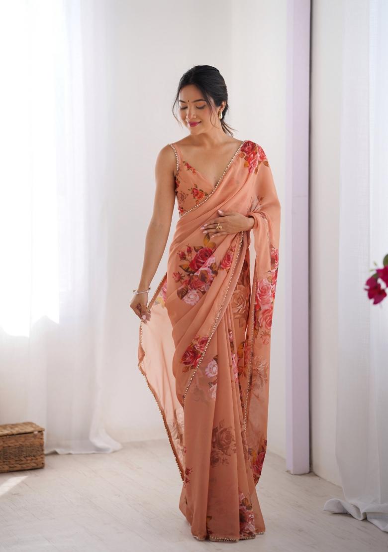 Peach Floral Print Georgette Saree Set
