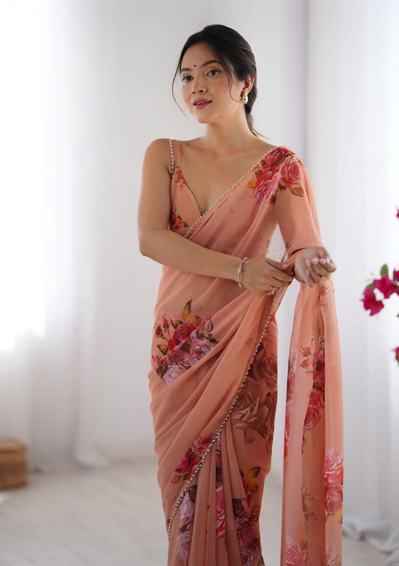 Peach Floral Print Georgette Saree Set
