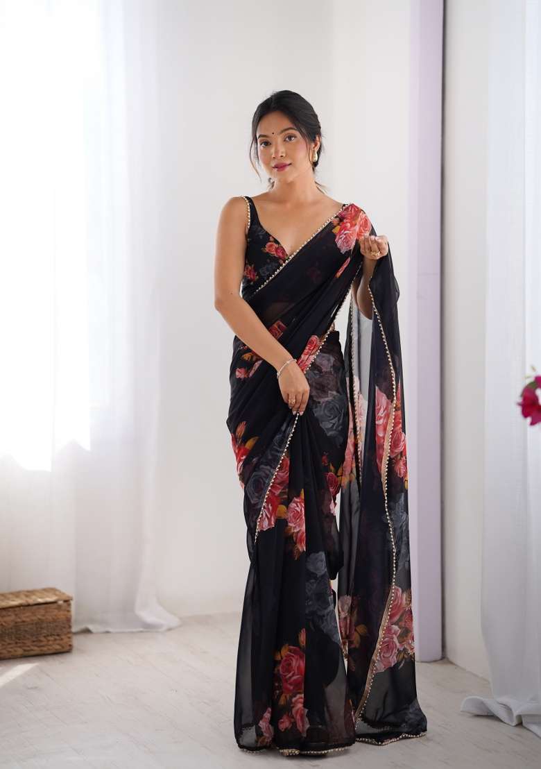 Black Floral Print Georgette Saree Set - Indya