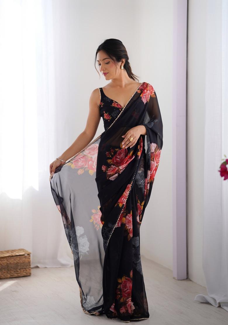 Black Floral Print Georgette Saree Set